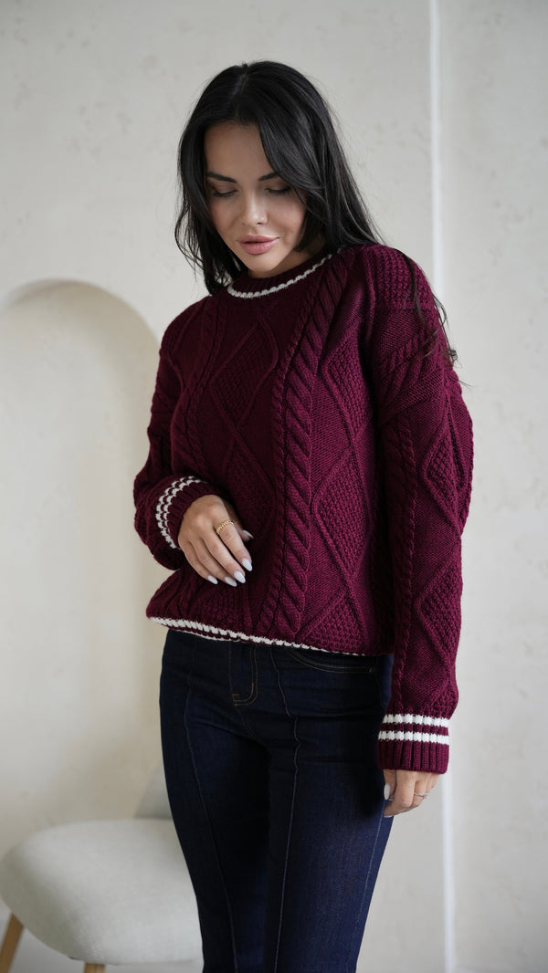 Beatrice Contrast-Trim Cable Sweater – Burgundy