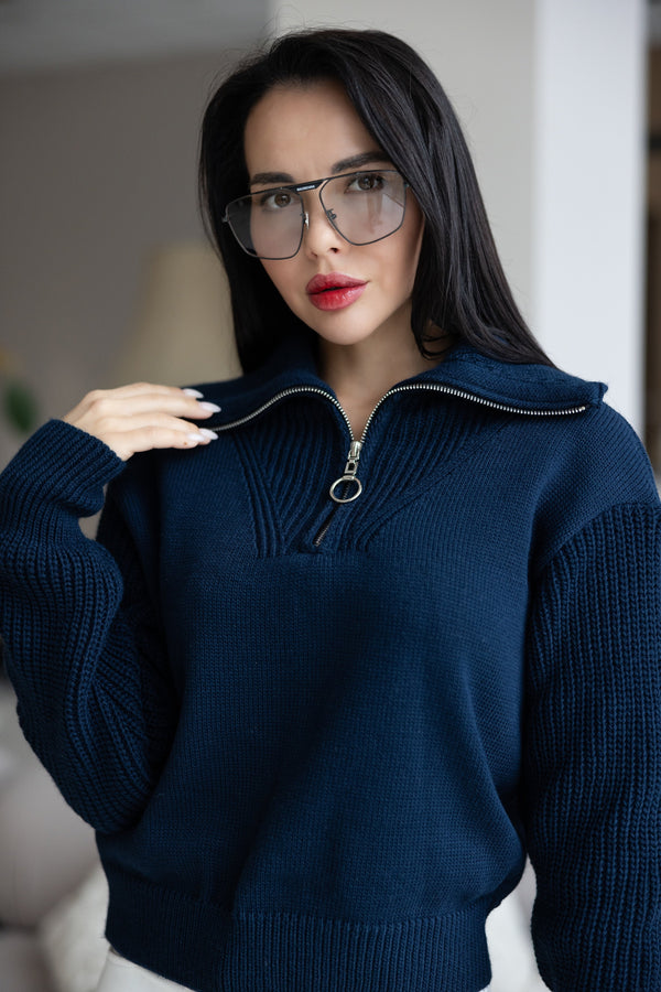 Éliane Half-Zip Cropped Sweater – Blue