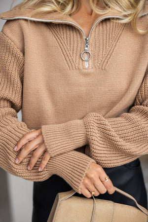 Éliane Half-Zip Cropped Sweater – Camel