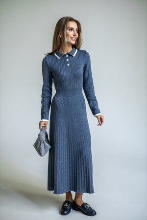 Constance Contrast-Collar Knit Midi Dress – Blue