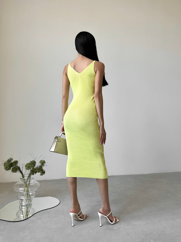 Isaure Ribbed Knit Midi Dress – Lemon