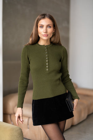 Elise Buttoned Knit Top – Khaki