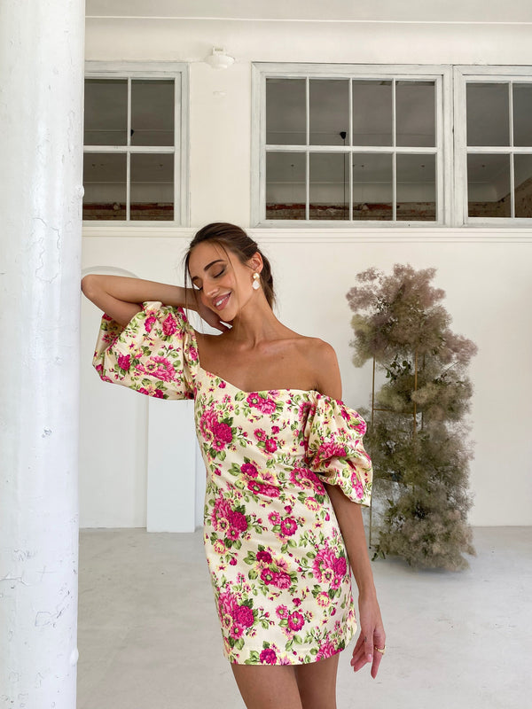 Sylvette Off-Shoulder Satin Mini Dress – Pink Floral