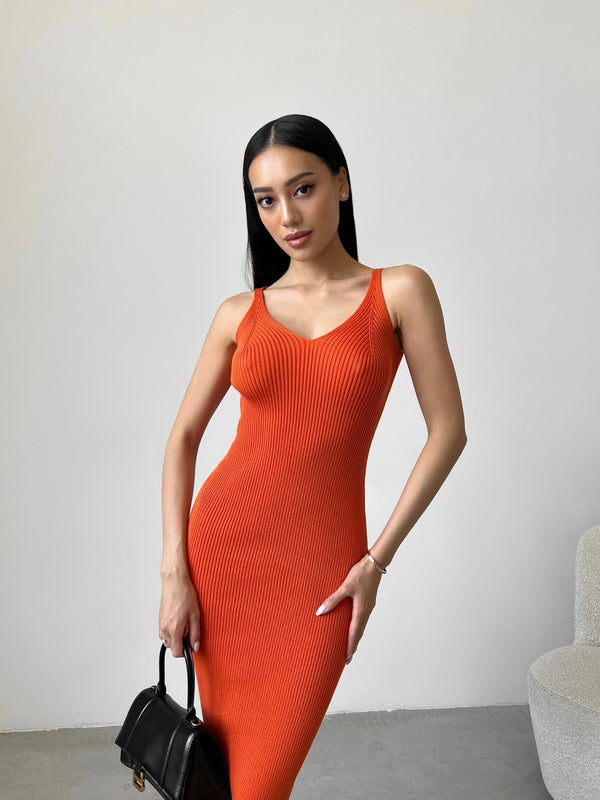 Isaure Ribbed Knit Midi Dress – Orange