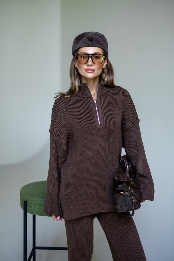 Agathe Half-Zip Knit Set – Brown