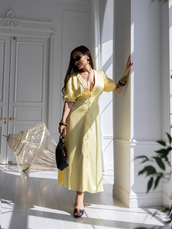 Chiara Button-Front Midi Dress – Yellow