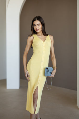 Léonie Buttoned Knit Midi Dress – Yellow
