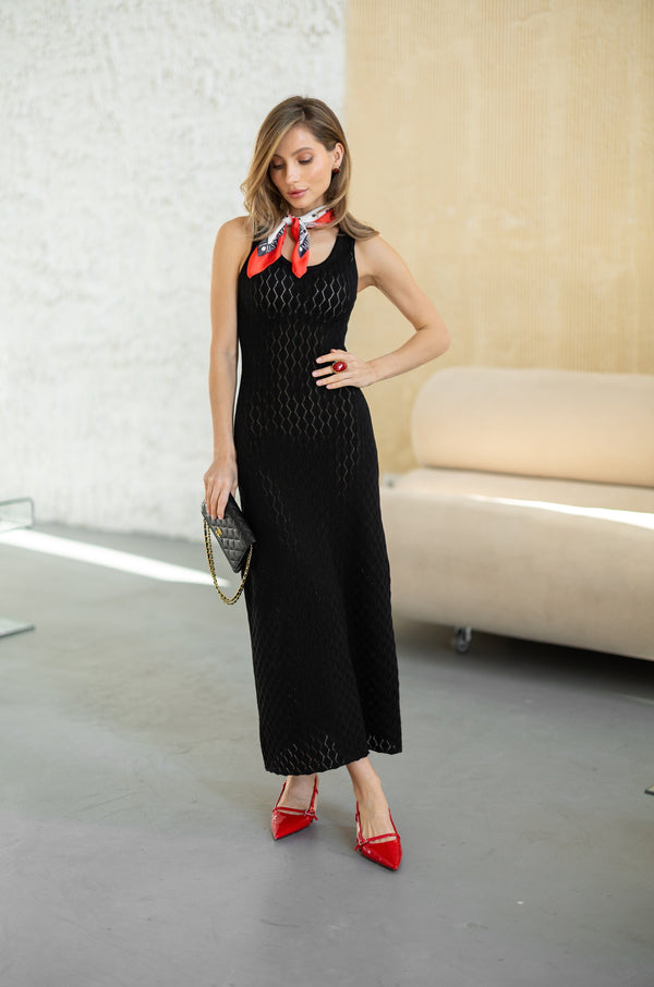 Talia Crochet Knit Maxi Dress – Black