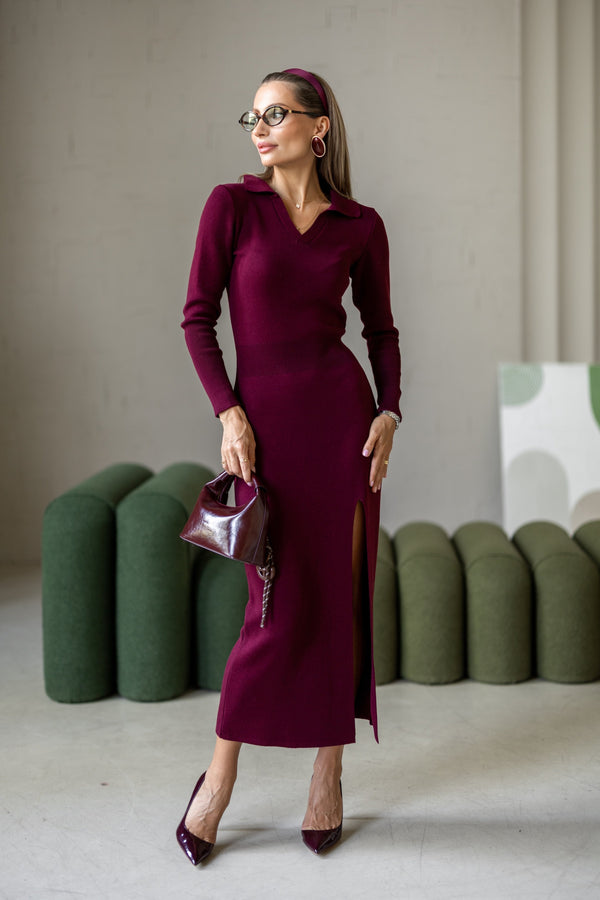 Sylvie Collared Knit Midi Dress – Burgundy
