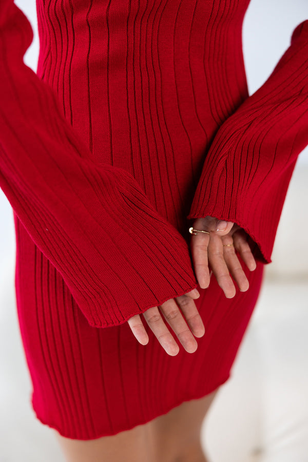 Garance Ribbed Knit Mini Dress – Red