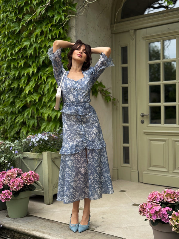 Sixtine Printed Tiered Maxi Dress – Sky Blue
