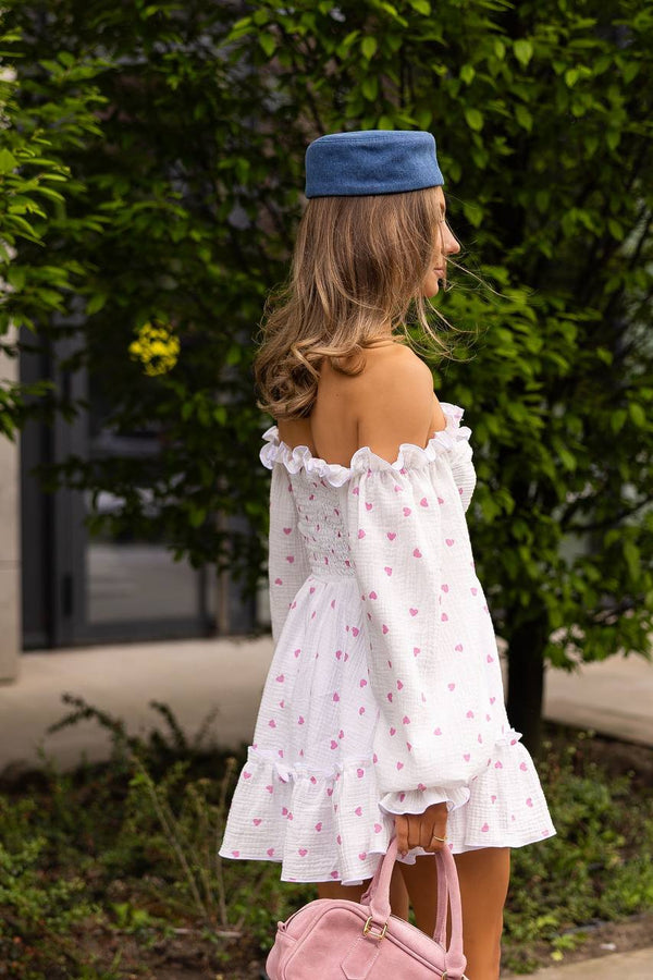 Rochie roz cu umeri goi din muselină, cu imprimeu floral