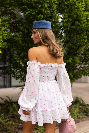 Rochie roz cu umeri goi din muselină, cu imprimeu floral