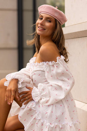Rochie roșie cu umeri goi, din muselină, cu imprimeu floral