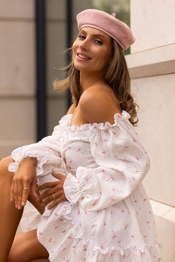 Rochie roșie cu umeri goi, din muselină, cu imprimeu floral