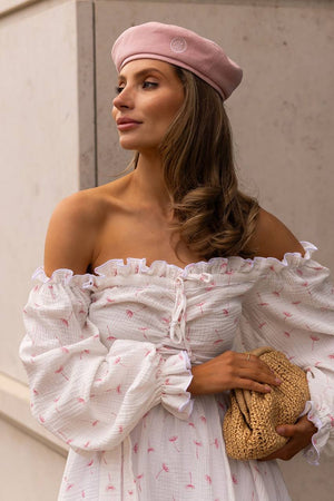 Rochie roșie cu umeri goi, din muselină, cu imprimeu floral