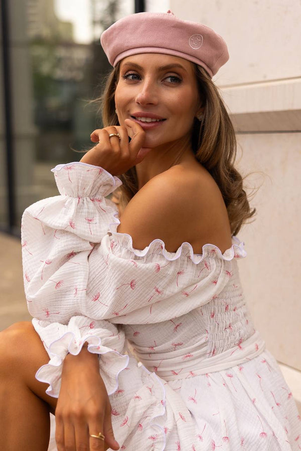 Rochie roșie cu umeri goi, din muselină, cu imprimeu floral