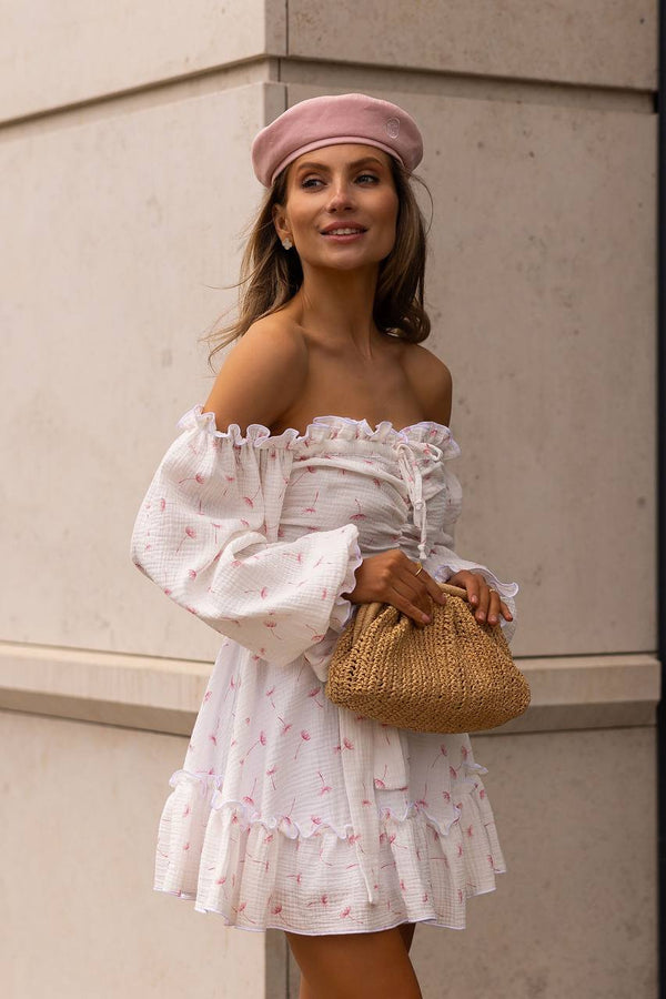 Rochie roșie cu umeri goi, din muselină, cu imprimeu floral