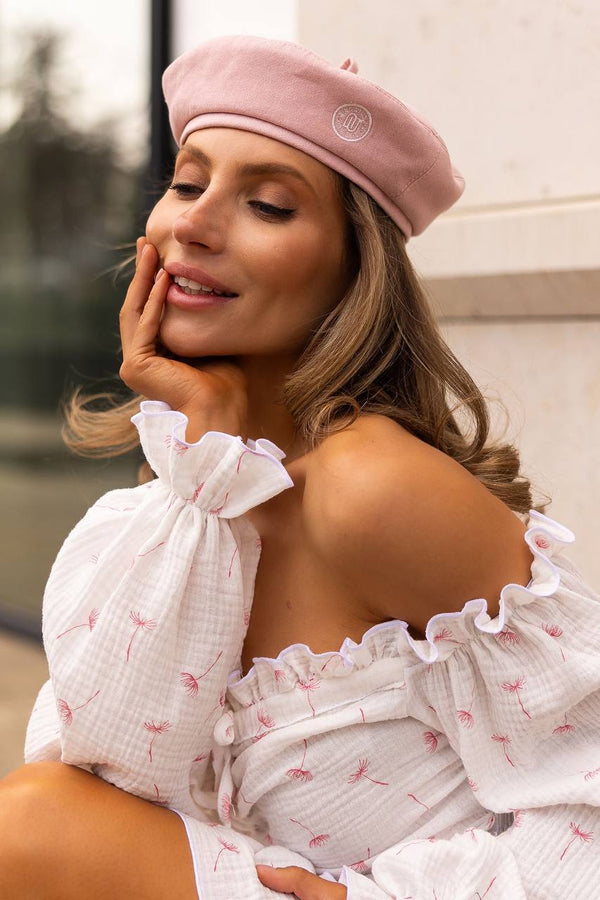 Rochie roșie cu umeri goi, din muselină, cu imprimeu floral