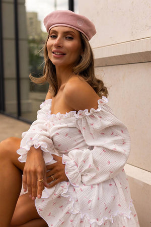 Rochie roșie cu umeri goi, din muselină, cu imprimeu floral