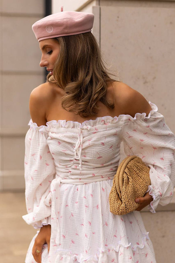 Rochie roșie cu umeri goi, din muselină, cu imprimeu floral