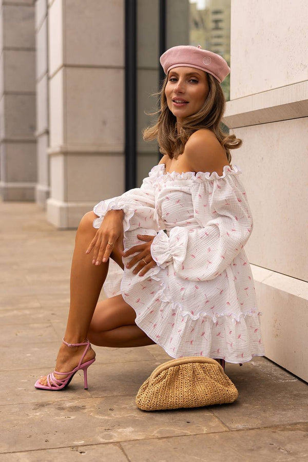 Rochie roșie cu umeri goi, din muselină, cu imprimeu floral