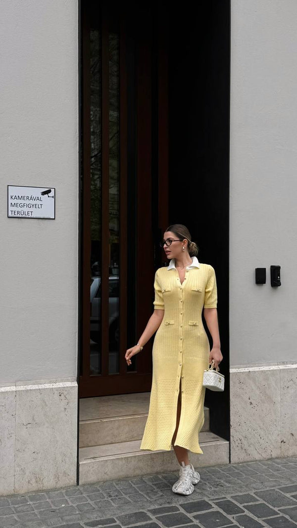 Lemon Cream Knit Button Dress