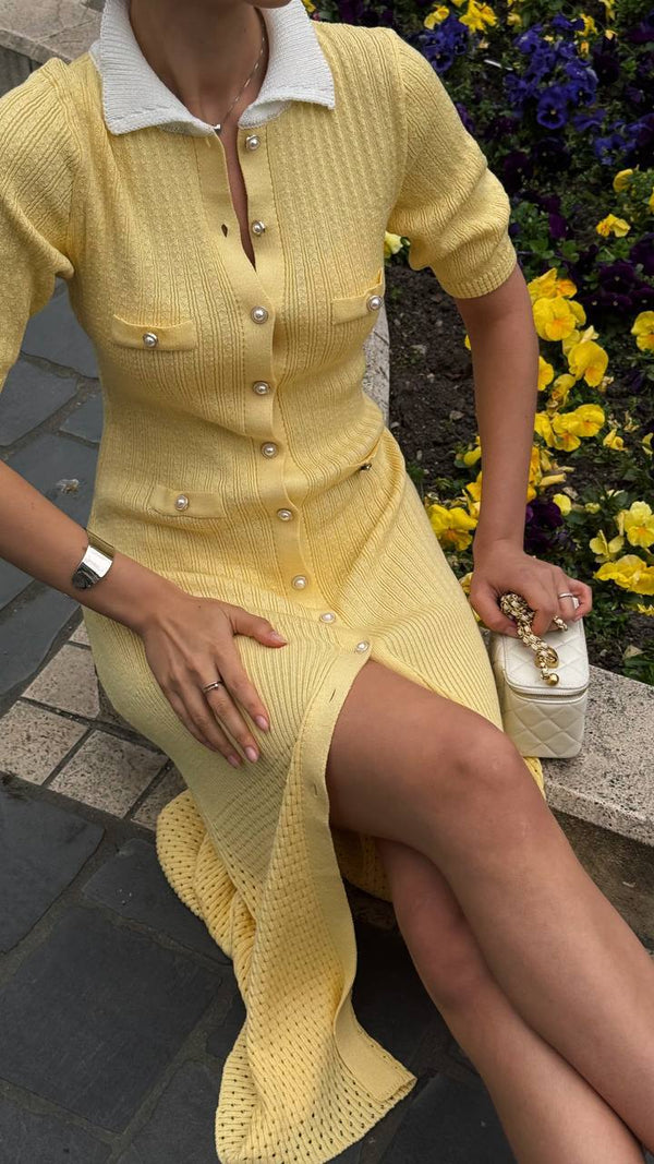 Lemon Cream Knit Button Dress