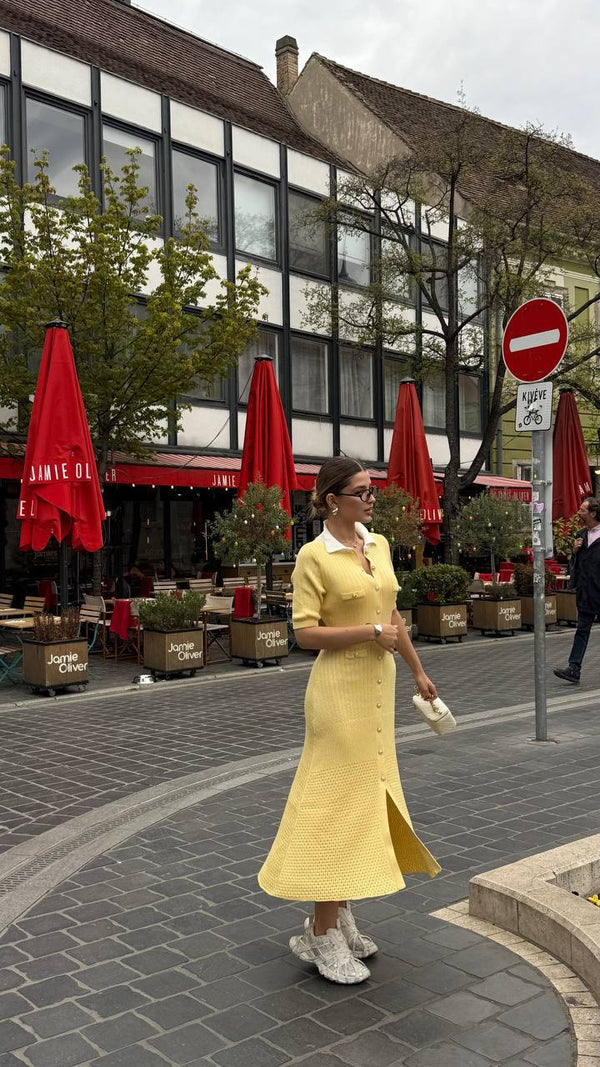 Lemon Cream Knit Button Dress