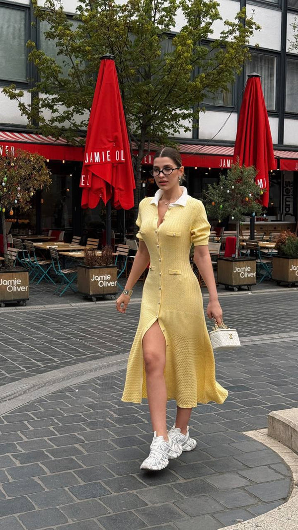 Lemon Cream Knit Button Dress