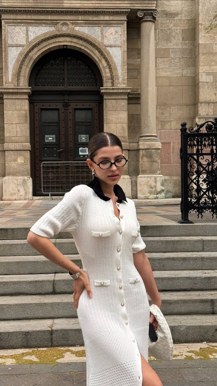 Milk Contrast Knit Button Dress