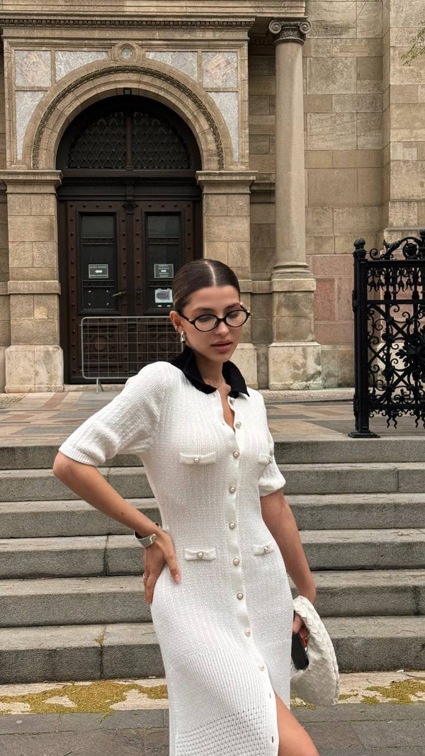 Milk Contrast Knit Button Dress