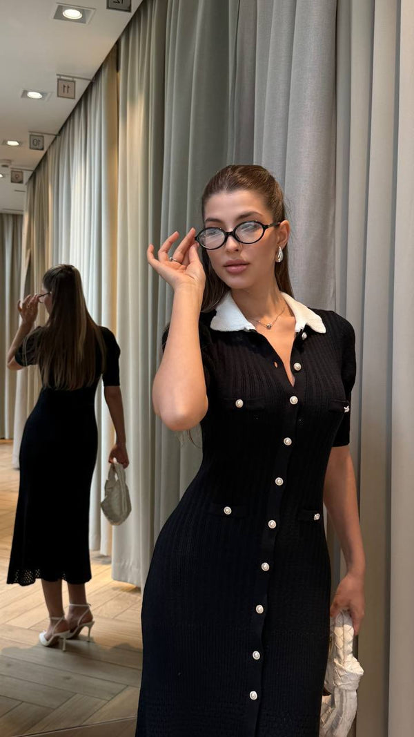 Noir Accent Örgü Düğmeli Elbise
