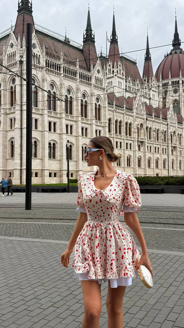Rochie mini din bumbac Vintage Charm – Imprimeu Scarlet Bloom