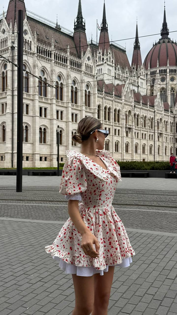 Rochie mini din bumbac Vintage Charm – Imprimeu Scarlet Bloom