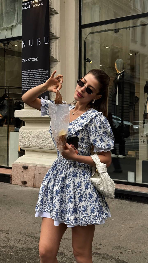Rochie mini din bumbac Vintage Charm – Porțelan albastru Delft