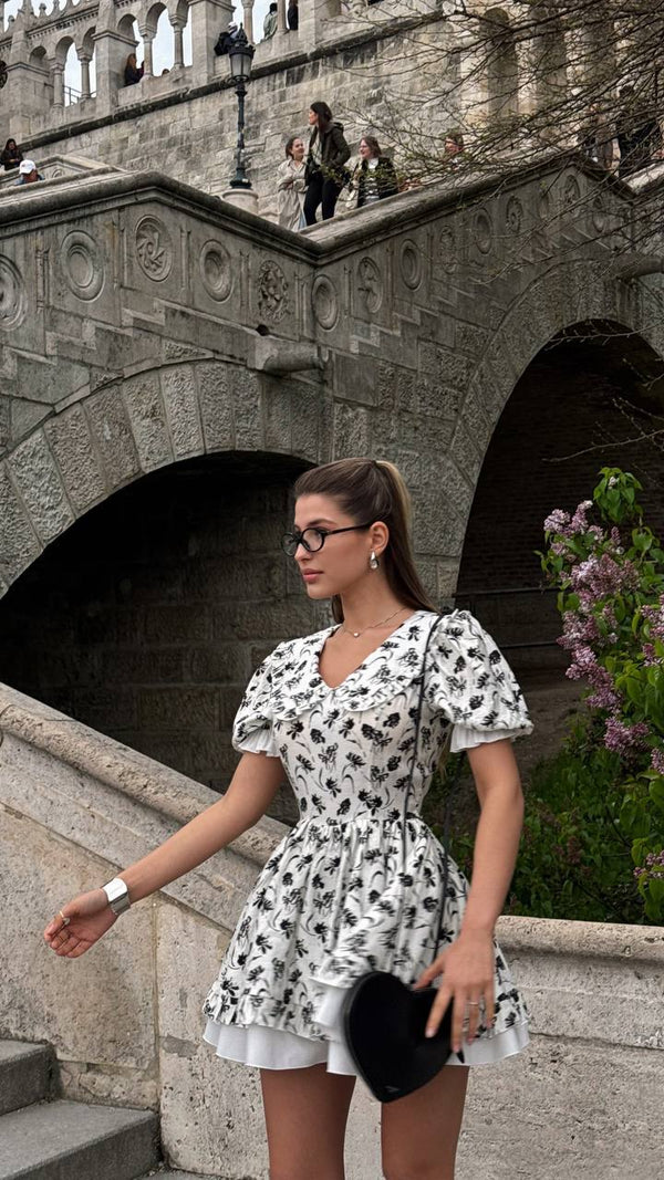 Vintage Charm Cotton Mini Dress – Noir Flora Sketch