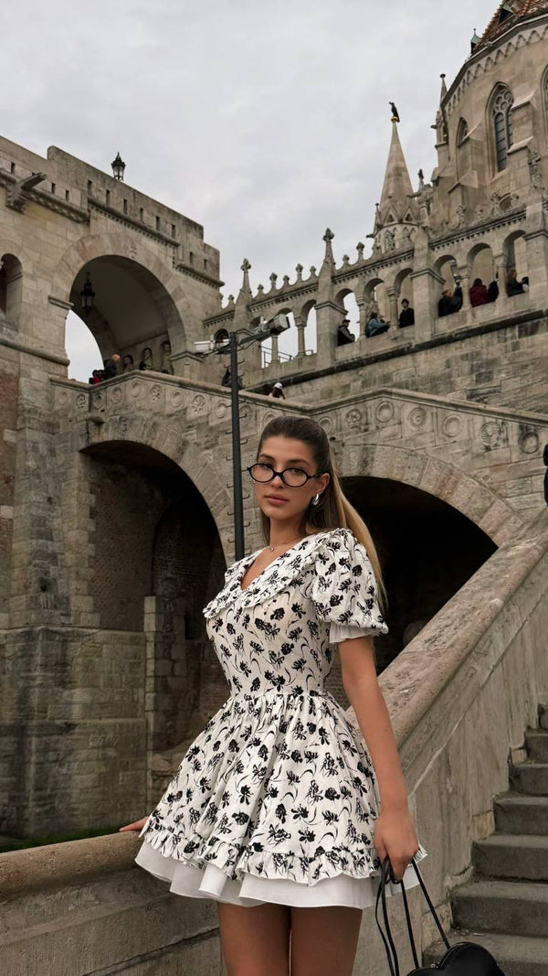 Vintage Charm Cotton Mini Dress – Noir Flora Sketch