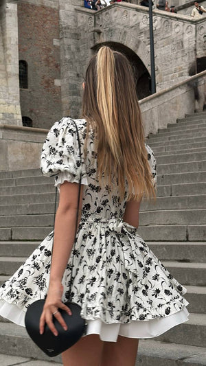Vintage Charm Cotton Mini Dress – Noir Flora Sketch
