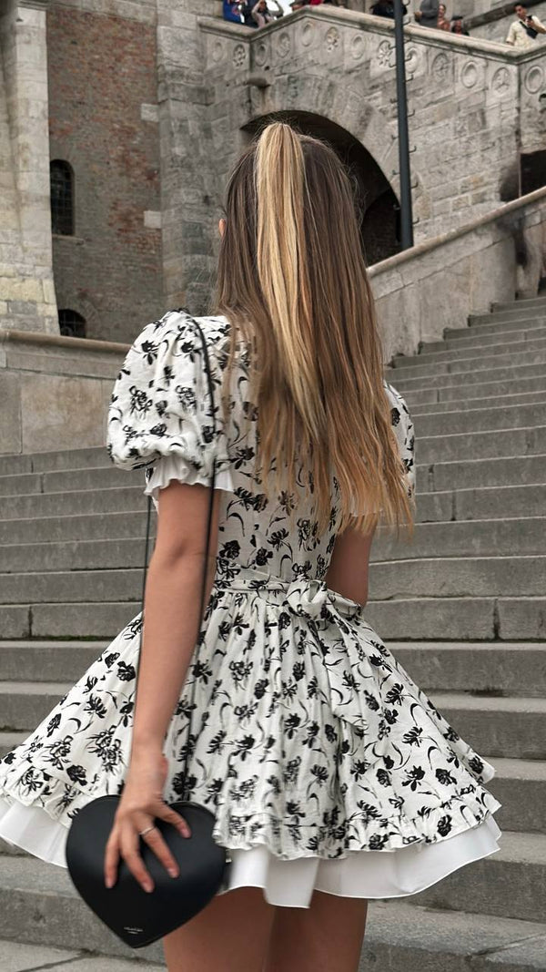 Vintage Charm Cotton Mini Dress – Noir Flora Sketch