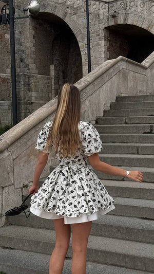 Vintage Charm Cotton Mini Dress – Noir Flora Sketch