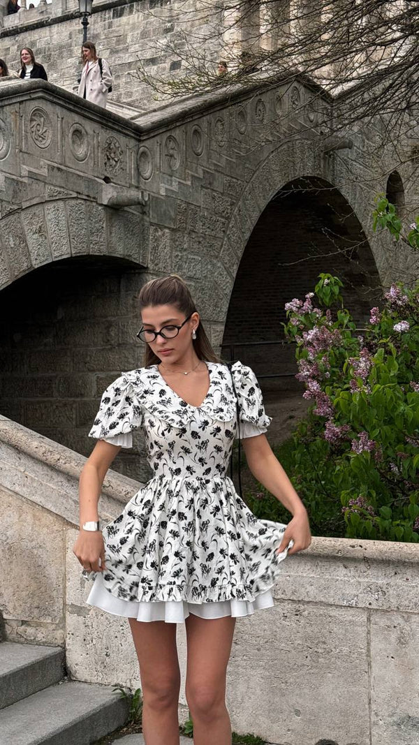 Vintage Charm Cotton Mini Dress – Noir Flora Sketch