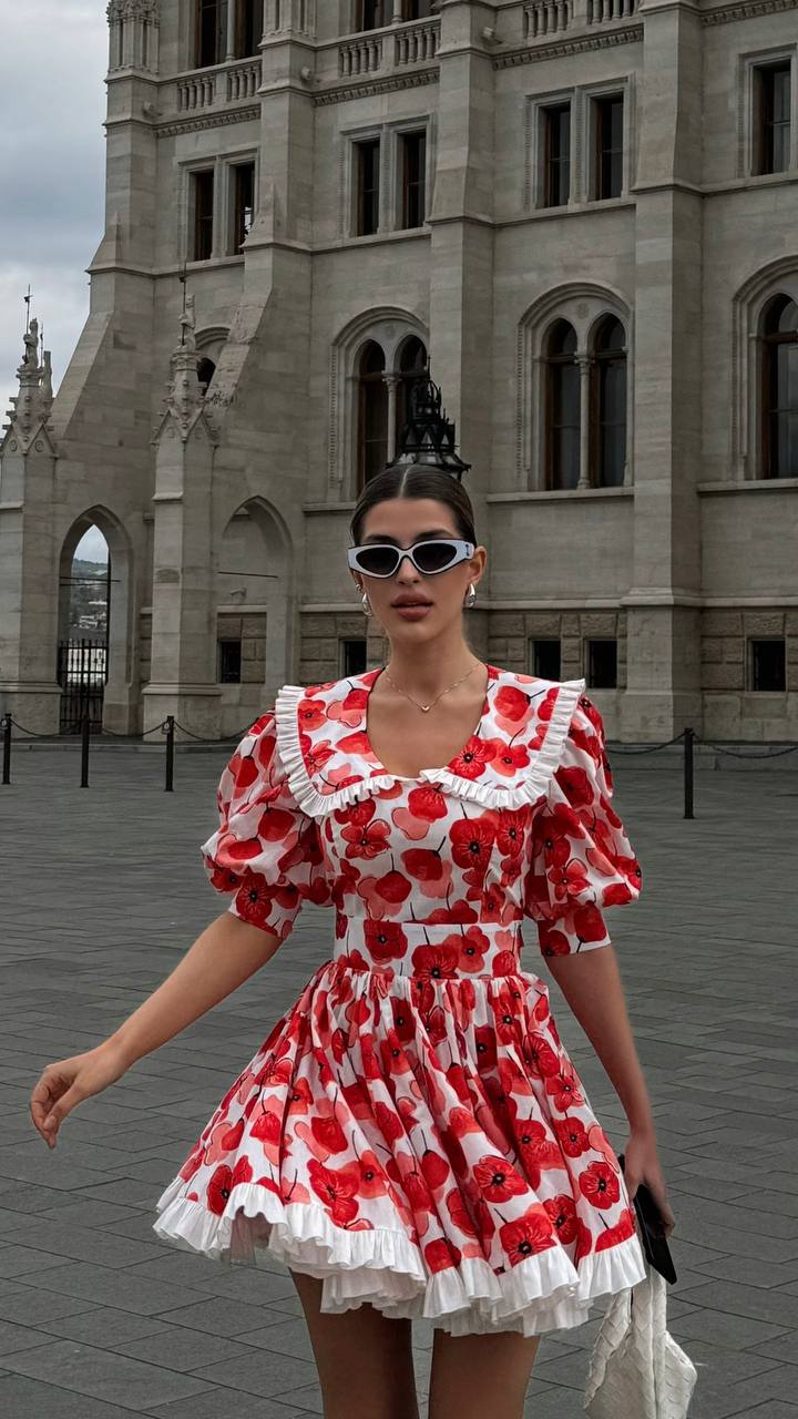 Kırmızı Gelincik Vintage Çiçekli Mini Elbise