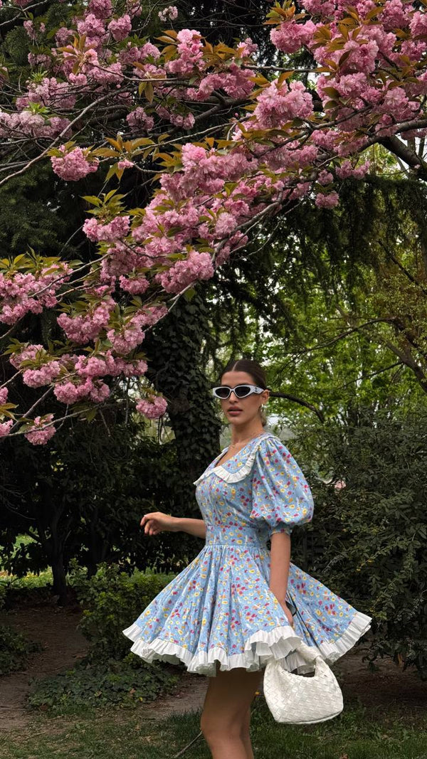 Blue Garden Vintage Çiçekli Mini Elbise