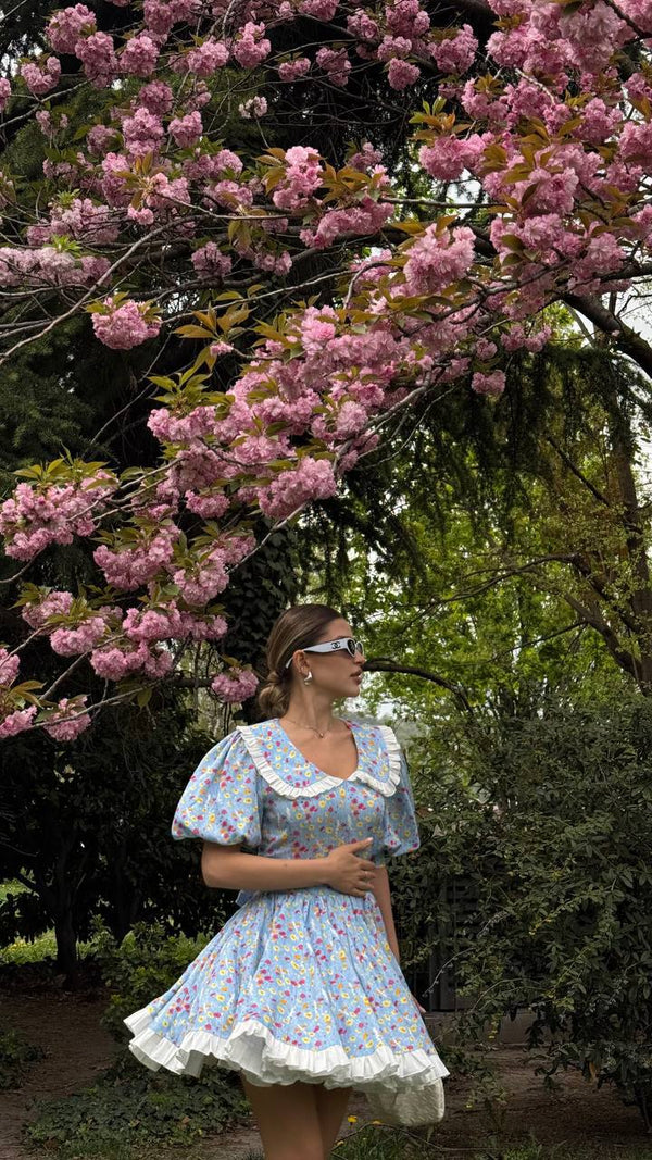 Blue Garden Vintage Çiçekli Mini Elbise