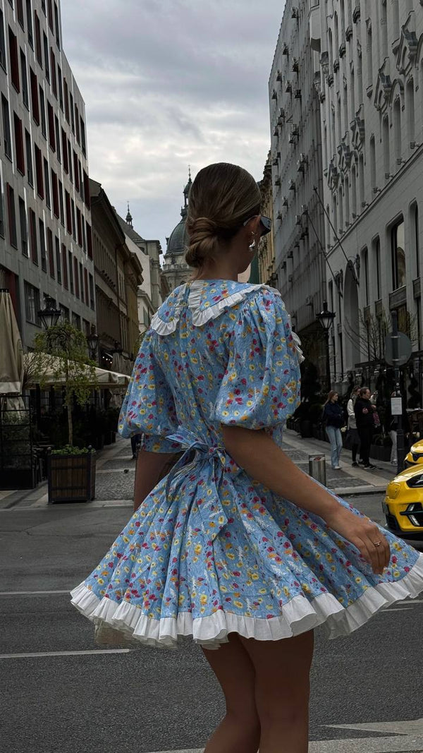 Blue Garden Vintage Çiçekli Mini Elbise