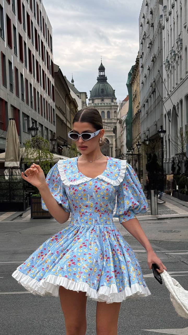 Blue Garden Vintage Floral Mini Dress