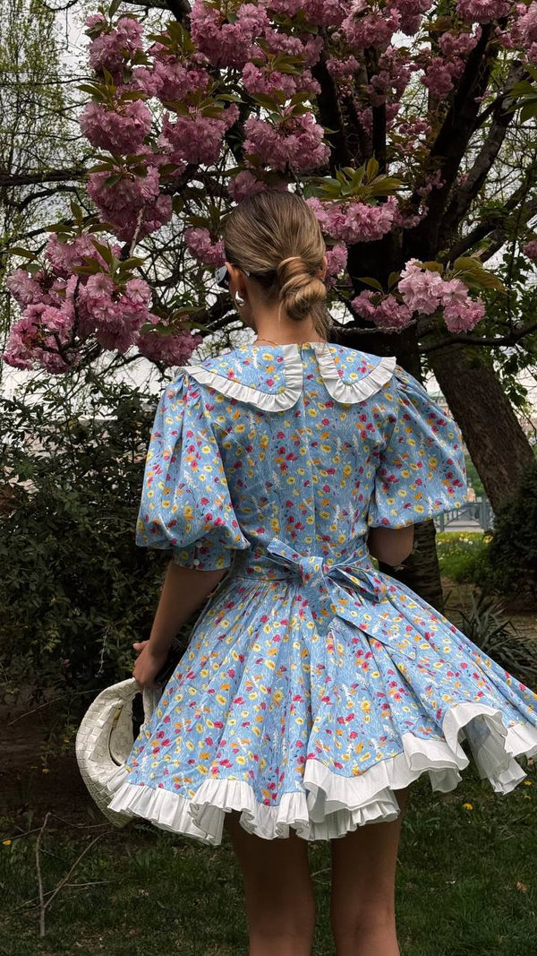 Blue Garden Vintage Çiçekli Mini Elbise