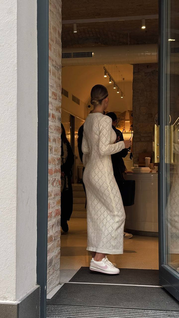 Fildişi Örgü Midi Elbise