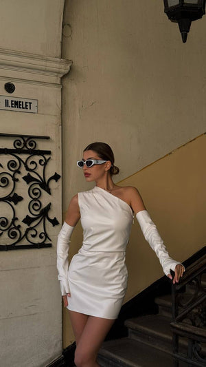 White Asymmetric Glove Dress